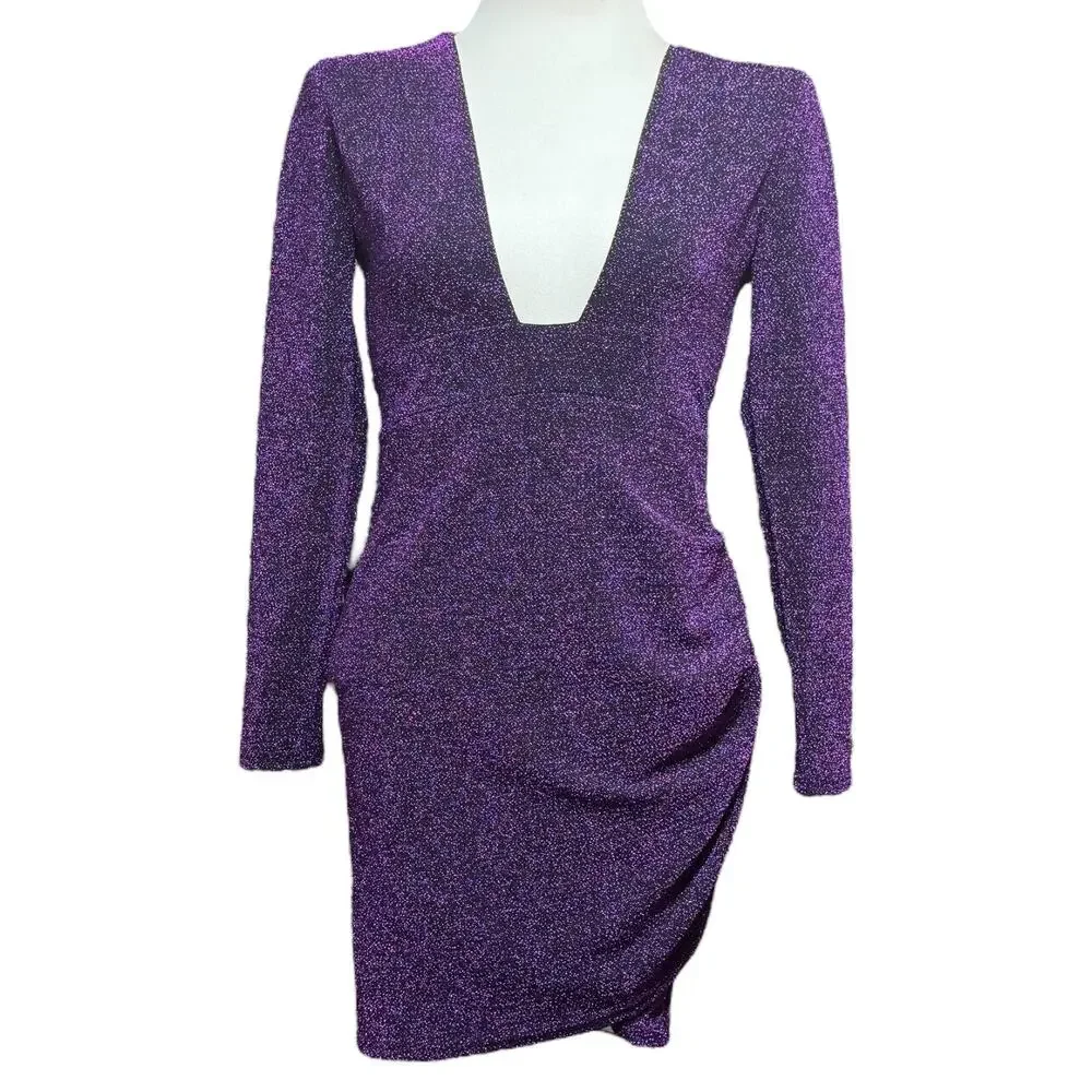 Long Sleeve Open Back Mini Dress Black Purple Sparkle Large